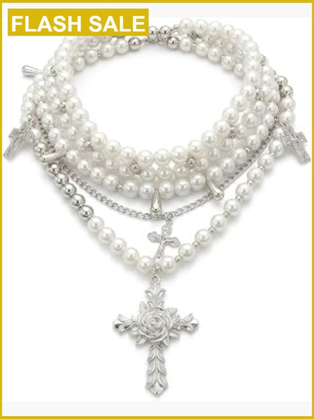 Layered Faux Pearl Cross Choker Necklace, Gothic Y2K Adjustable